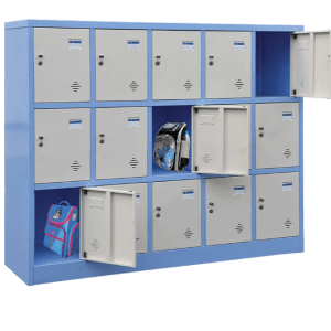 Blue locker unit with open compartments